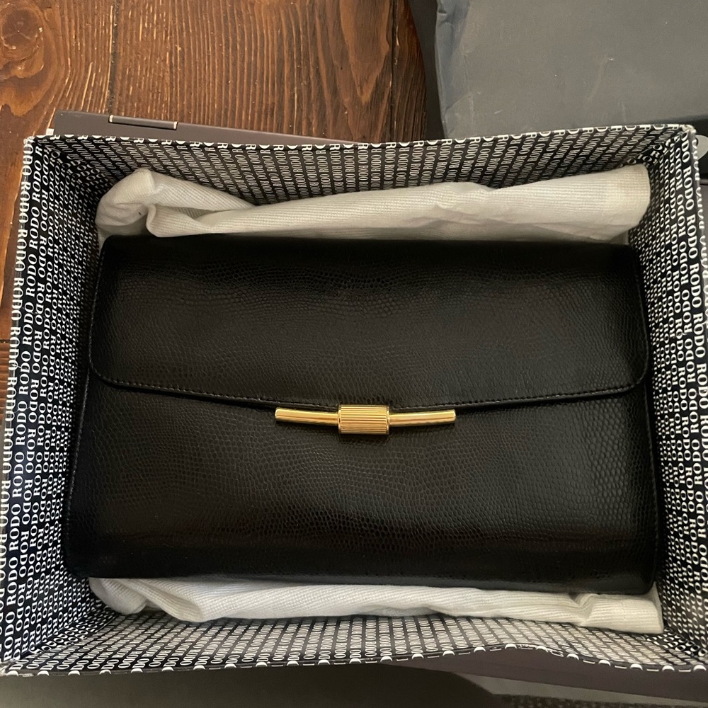 Vintage Blue Lizard Rodo Clutch w/ Gold Chain Strap *never taken out of box*